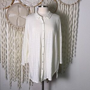 Eileen Fisher Ivory Linen Oversized Button Down Quarter Sleeve Blouse Large